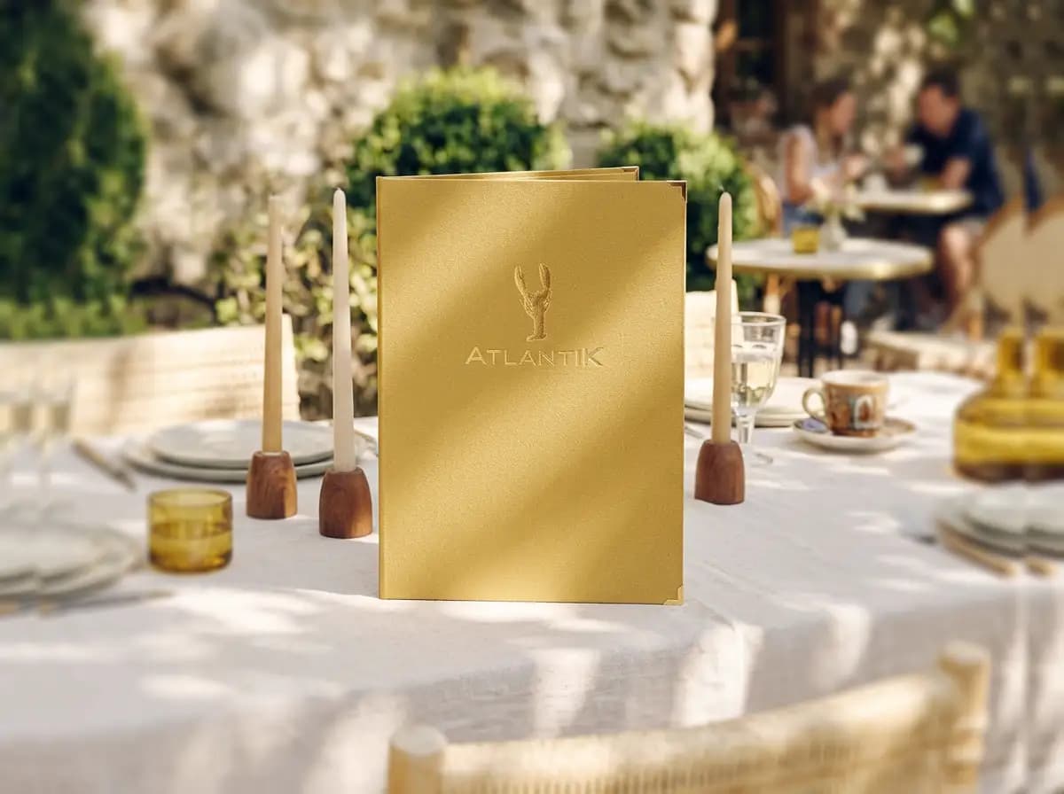 Speisekarte Finessino im Format A4 hoch, Einband in Gold / Metallic