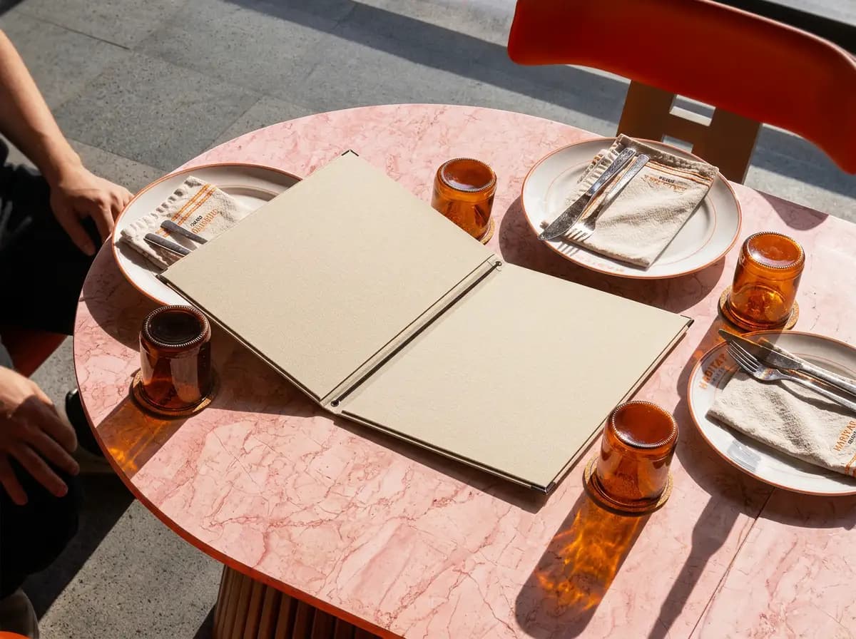 Gastronomie-Speisekarte Kordesso in Beige – Format A4 hoch