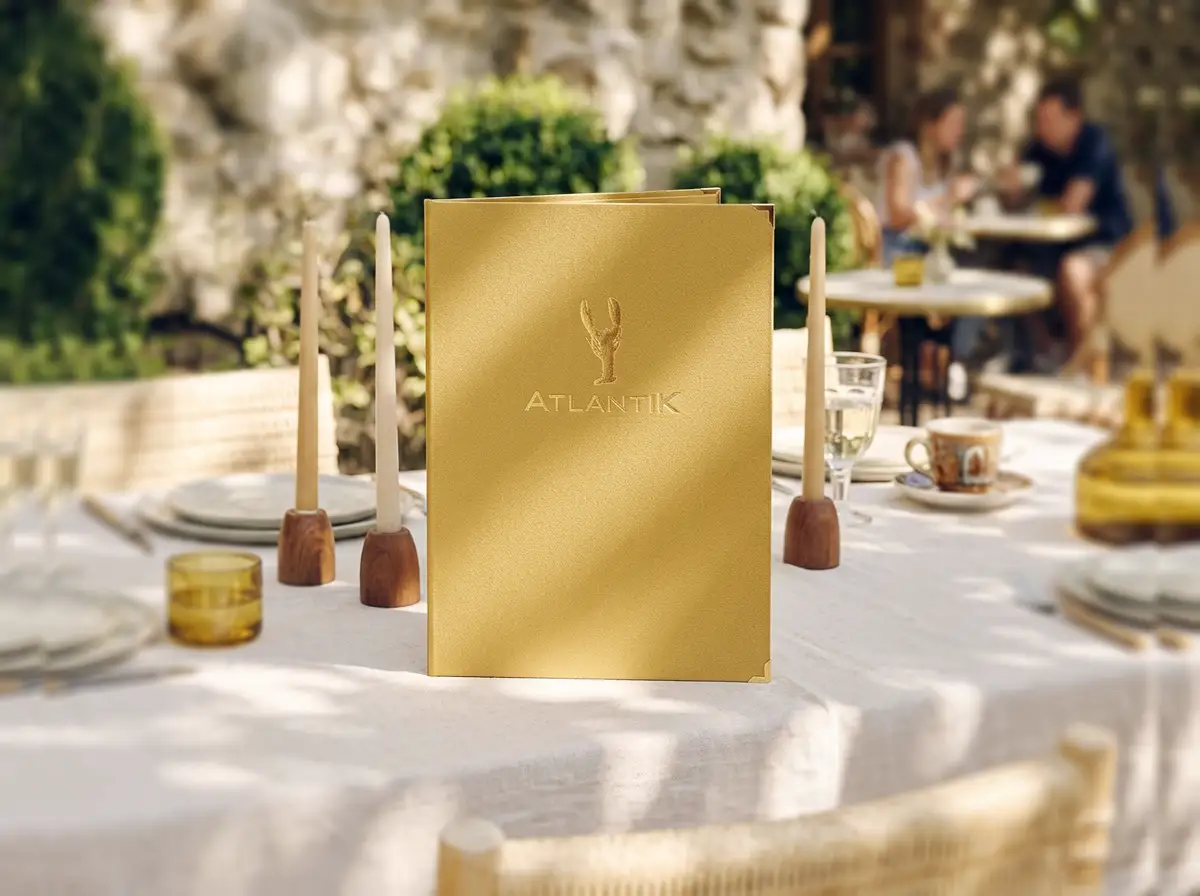 Speisekarten Bilder: Speisekarte Finessino im Format A4 hoch, Einband in Gold / Metallic